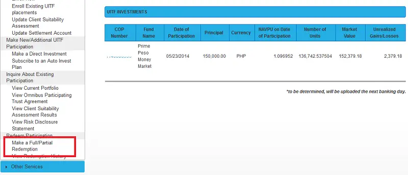 how to redeem uitf online pnb step 2