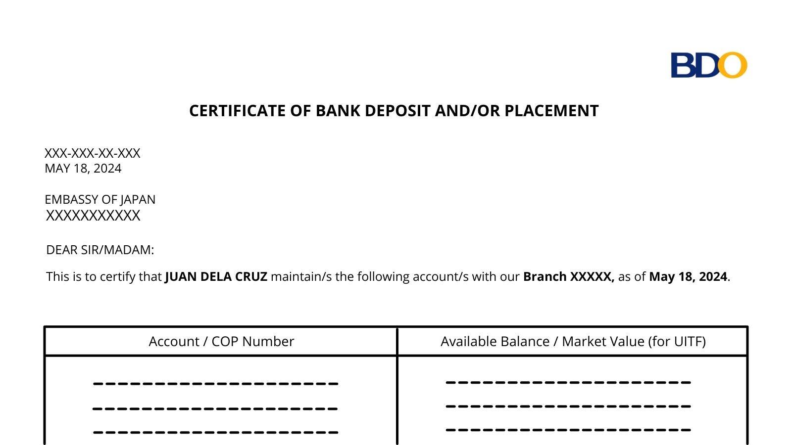 BDO bank certificate sample
