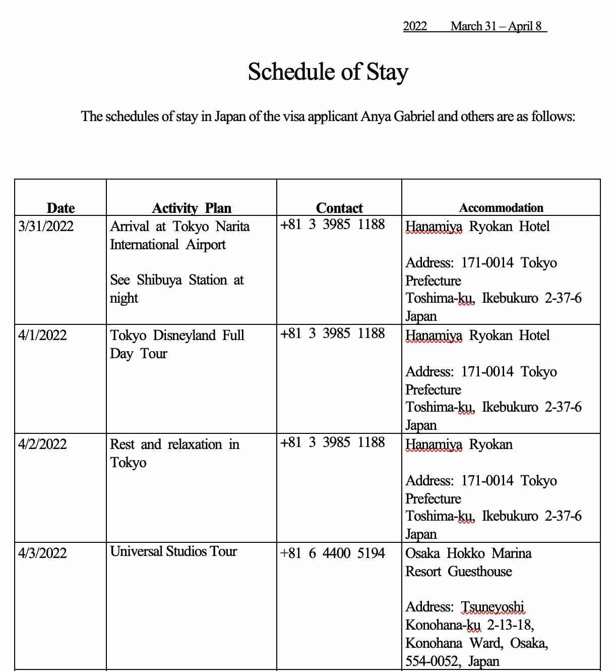 japan visa schedule of stay sample tokyo