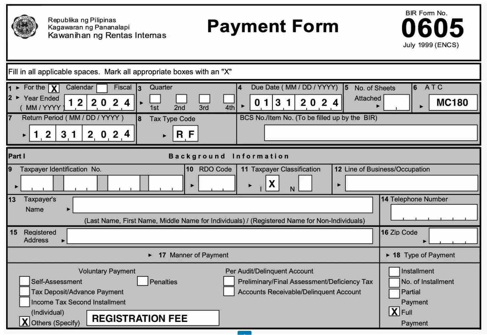 how to file BIR form 0605 annual registration fee correctly in 2024