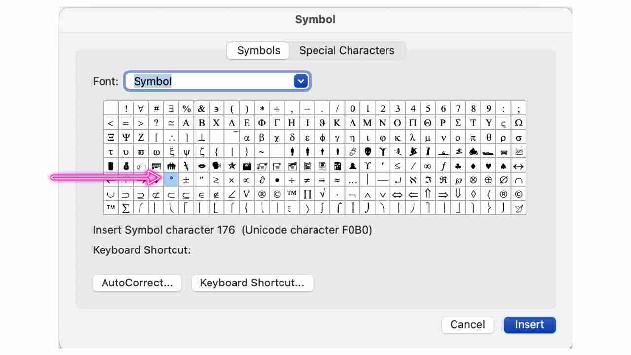 how to insert degree symbol