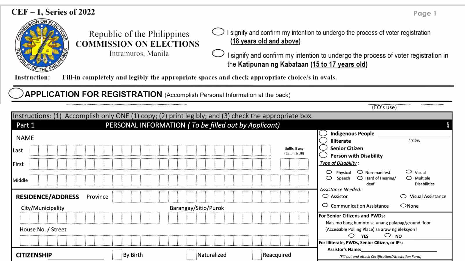 COMELEC voter registration form sample