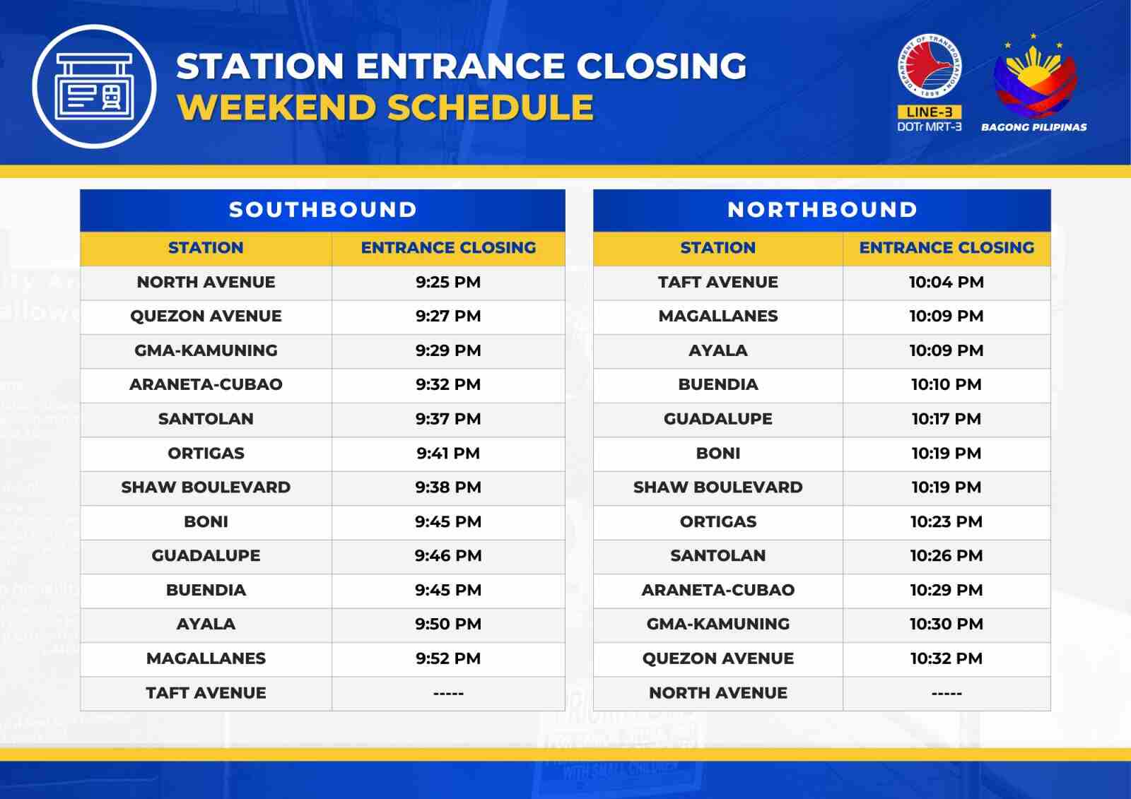 mrt 3 closing hours weekend