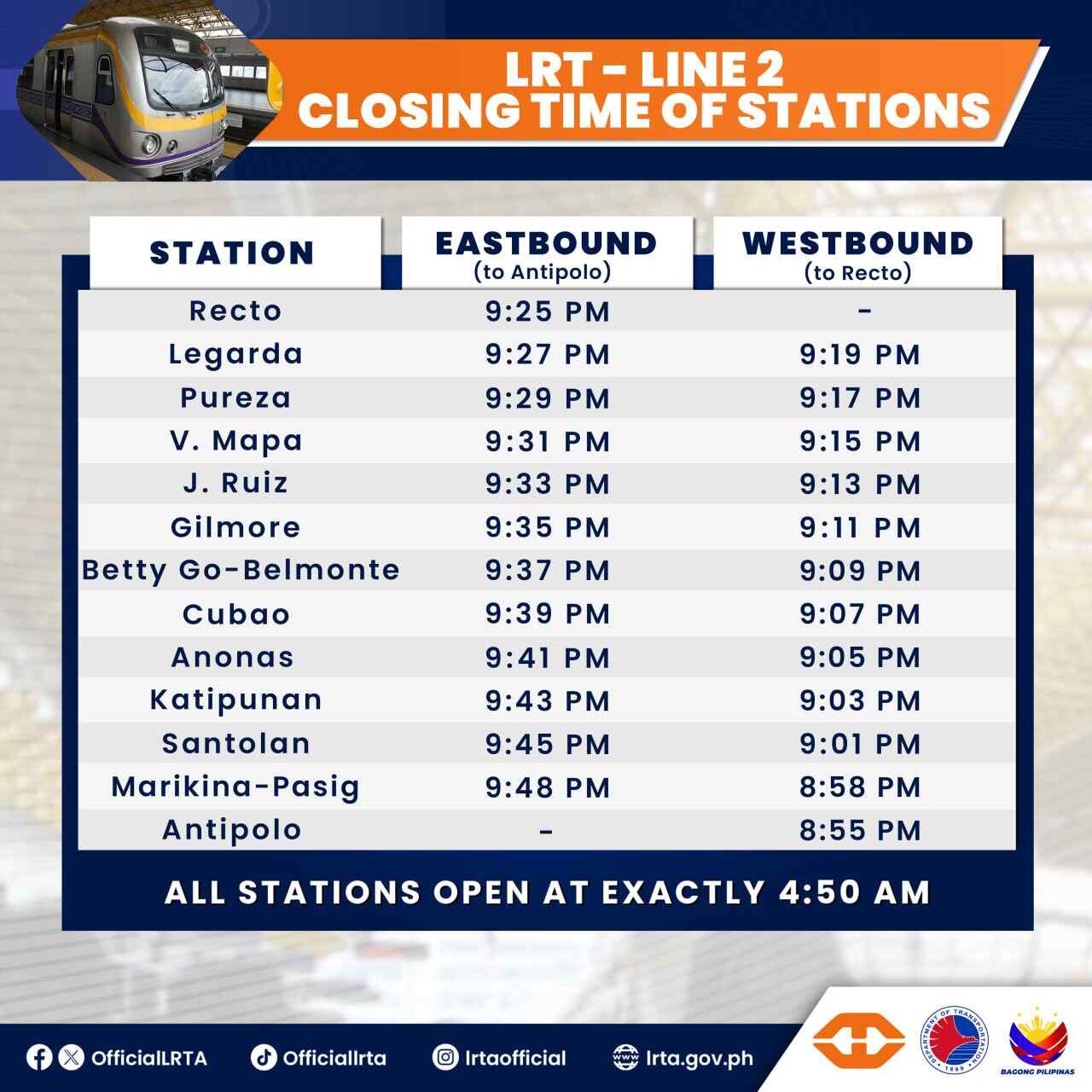 LRT 2 opening and closing time